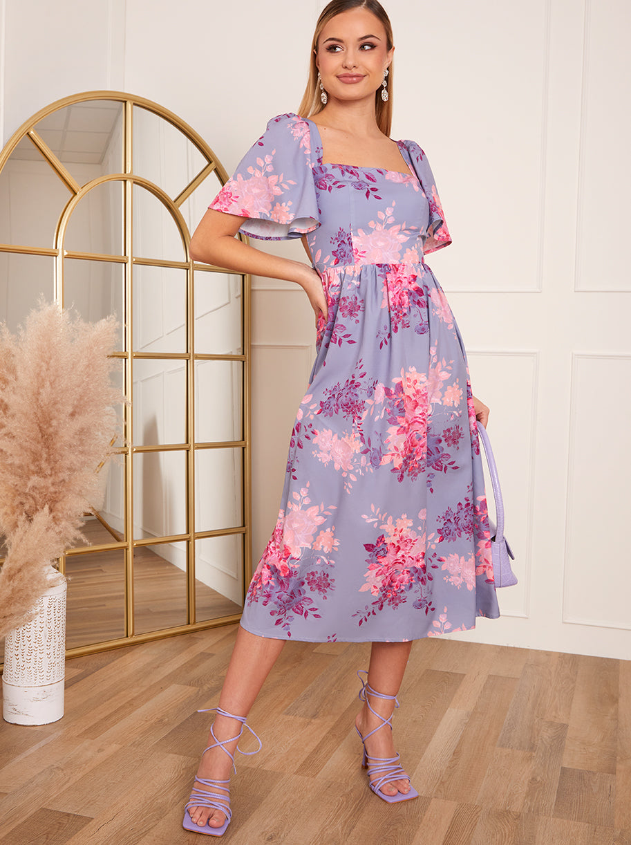 Petite Floral Printed Midi Dress in Purple