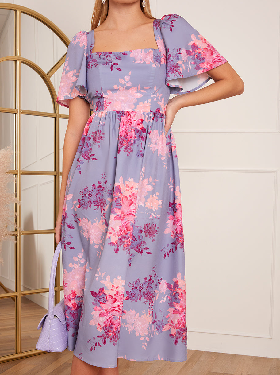 Petite Floral Printed Midi Dress in Purple