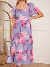 Petite Floral Printed Midi Dress in Purple