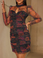 High Neck Sheer Sleeve Floral Print Mini Dress in Black