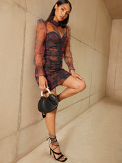 High Neck Sheer Sleeve Floral Print Mini Dress in Black