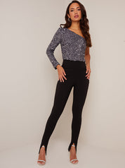 One Shoulder Long Sleeve Sequin Top in Grey