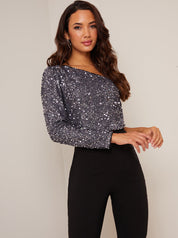 One Shoulder Long Sleeve Sequin Top in Grey