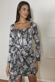 Long Sleeve Corset Style Floral Print Mini Dress in Silver