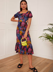 Square Neck Tropical Leopard Print Midi Dress in Black