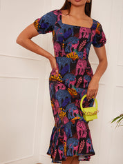 Square Neck Tropical Leopard Print Midi Dress in Black