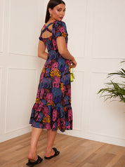 Square Neck Tropical Leopard Print Midi Dress in Black