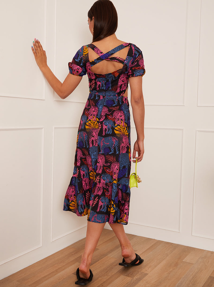 Square Neck Tropical Leopard Print Midi Dress in Black