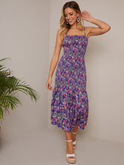Floral Print Shirred Bodice Midi Dress in Blue