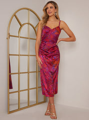 Cami Ruched Wrap Floral Print Midi Dress in Pink