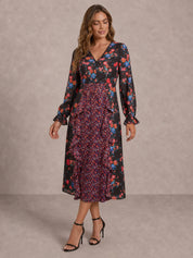 Long Sleeve Plunge Floral Printed Midi Dress in Black