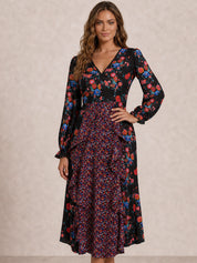 Long Sleeve Plunge Floral Printed Midi Dress in Black