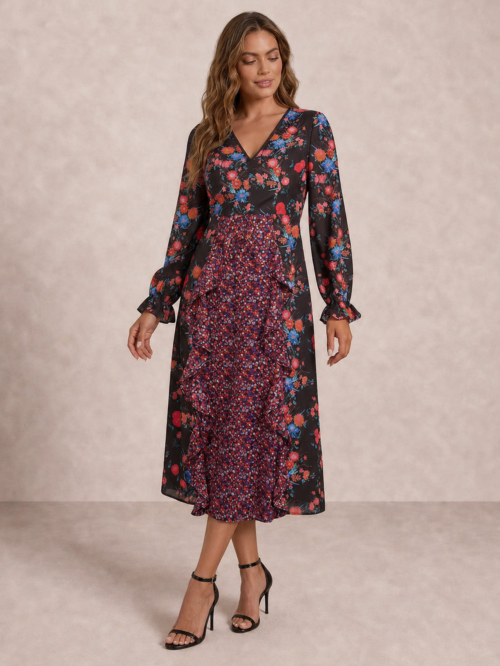 Long Sleeve Plunge Floral Printed Midi Dress in Black