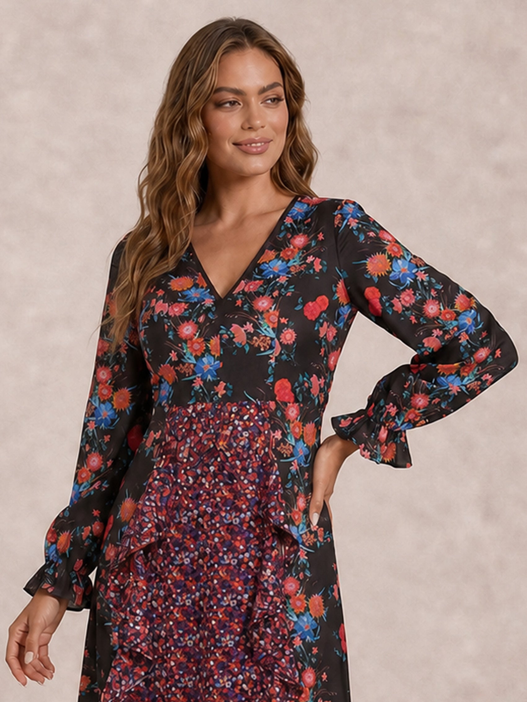 Long Sleeve Plunge Floral Printed Midi Dress in Black