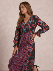Long Sleeve Plunge Floral Printed Midi Dress in Black