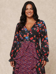 Plus Size Long Sleeve Plunge Floral Printed Midi Dress in Black