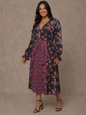 Plus Size Long Sleeve Plunge Floral Printed Midi Dress in Black