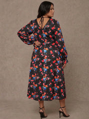 Plus Size Long Sleeve Plunge Floral Printed Midi Dress in Black
