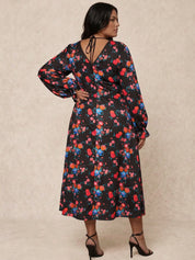 Plus Size Long Sleeve Plunge Floral Printed Midi Dress in Black