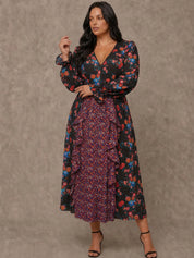 Plus Size Long Sleeve Plunge Floral Printed Midi Dress in Black