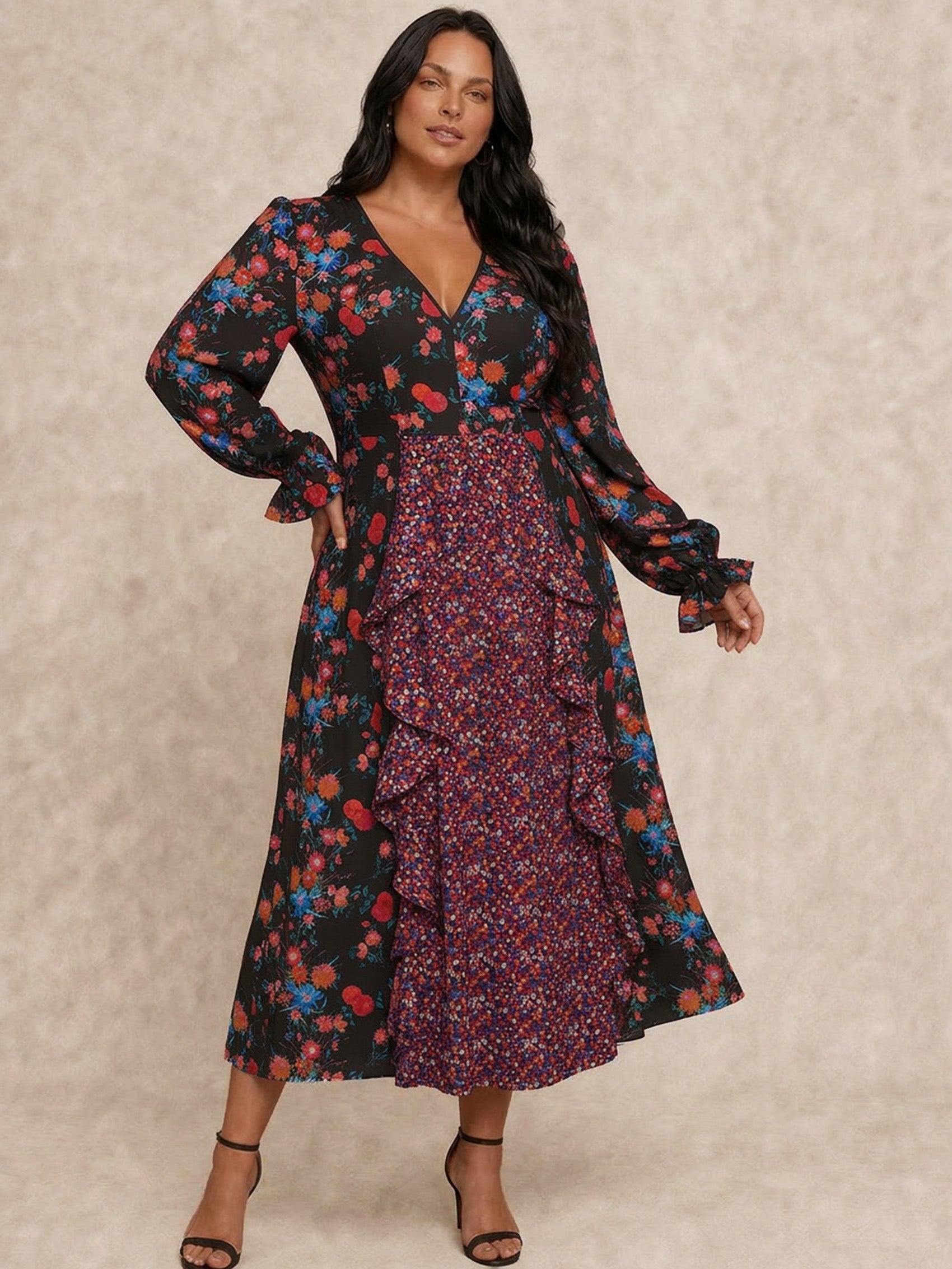 Plus Size Long Sleeve Plunge Floral Printed Midi Dress in Black