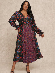 Plus Size Long Sleeve Plunge Floral Printed Midi Dress in Black