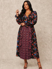 Plus Size Long Sleeve Plunge Floral Printed Midi Dress in Black