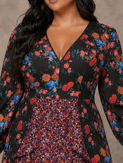 Plus Size Long Sleeve Plunge Floral Printed Midi Dress in Black