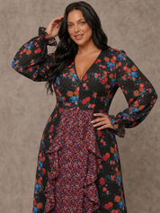 Plus Size Long Sleeve Plunge Floral Printed Midi Dress in Black