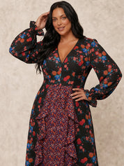 Plus Size Long Sleeve Plunge Floral Printed Midi Dress in Black