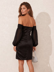 Long Sleeve Corset Style Satin Mini Dress in Black