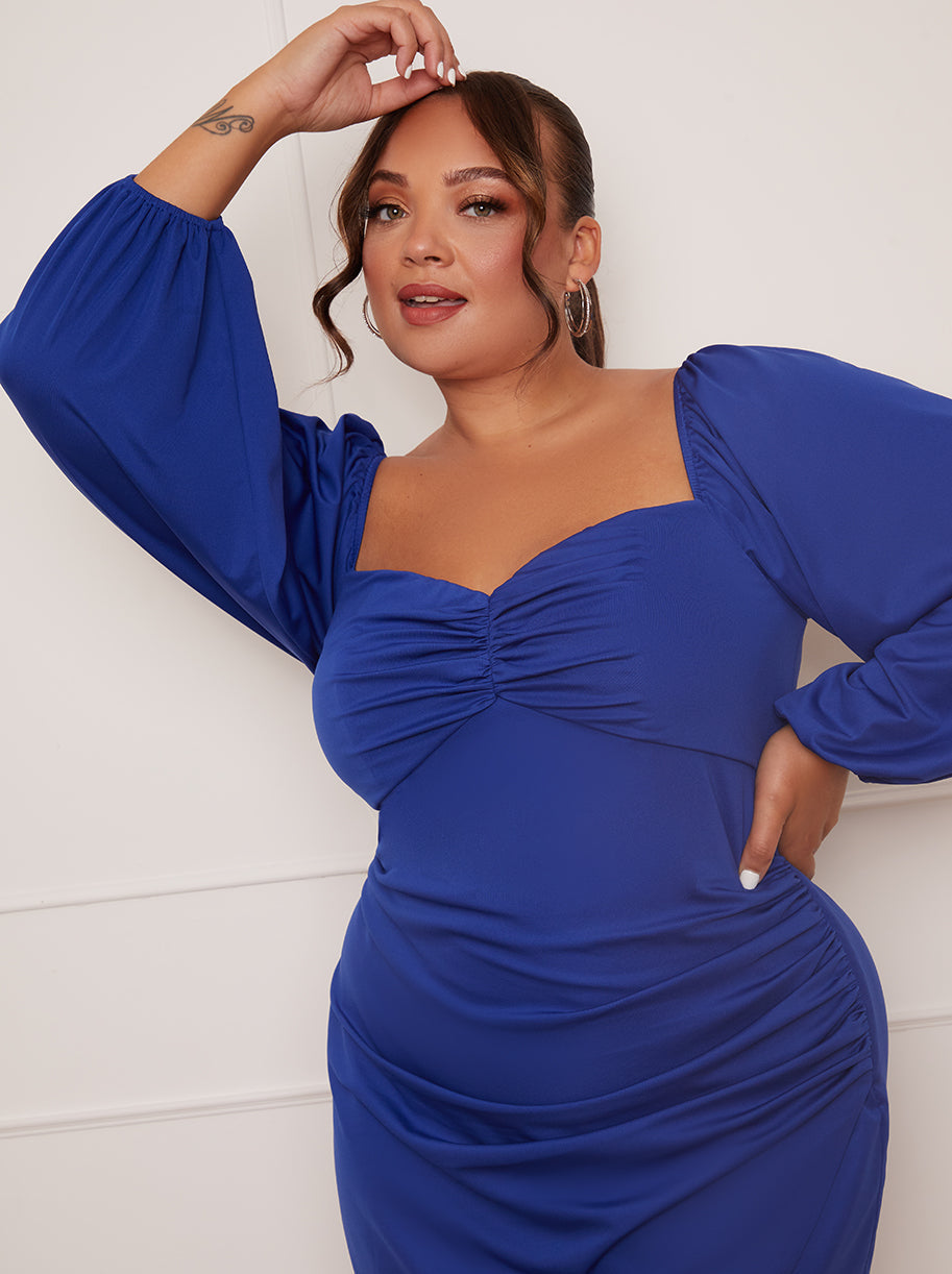 Plus Size Long Sleeve Bodycon Mini Dress in Blue