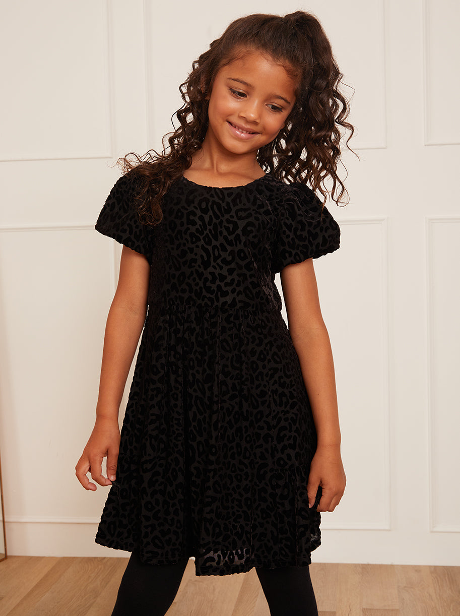 Younger Girls Animal Devoré Midi Dress in Black