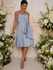 Satin Cami Strap Wrap Midi Dress in Blue