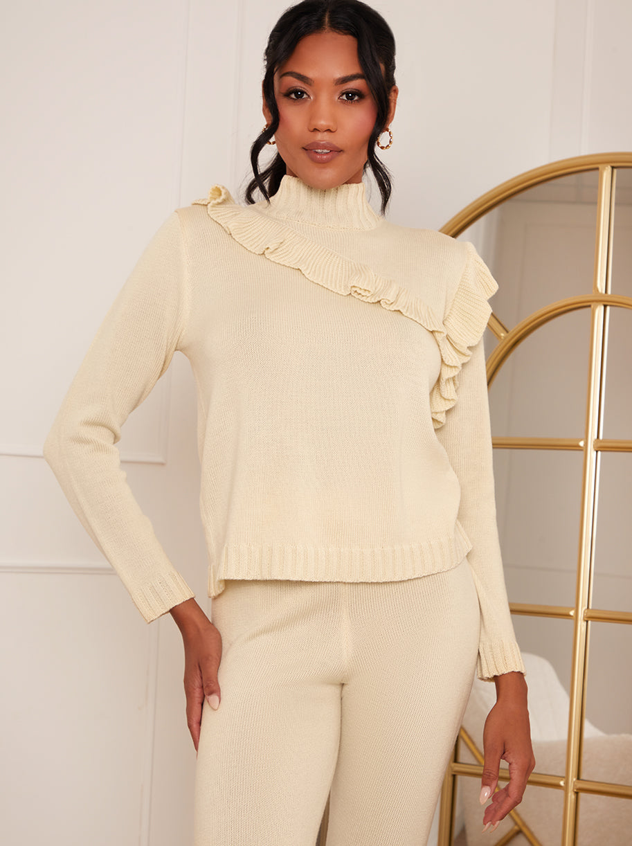2 Piece Ruffle Detail Loungewear Set in Cream