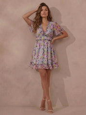 Short Sleeve Ruffle Mini Dress in Grey
