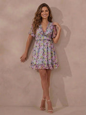 Short Sleeve Ruffle Mini Dress in Grey
