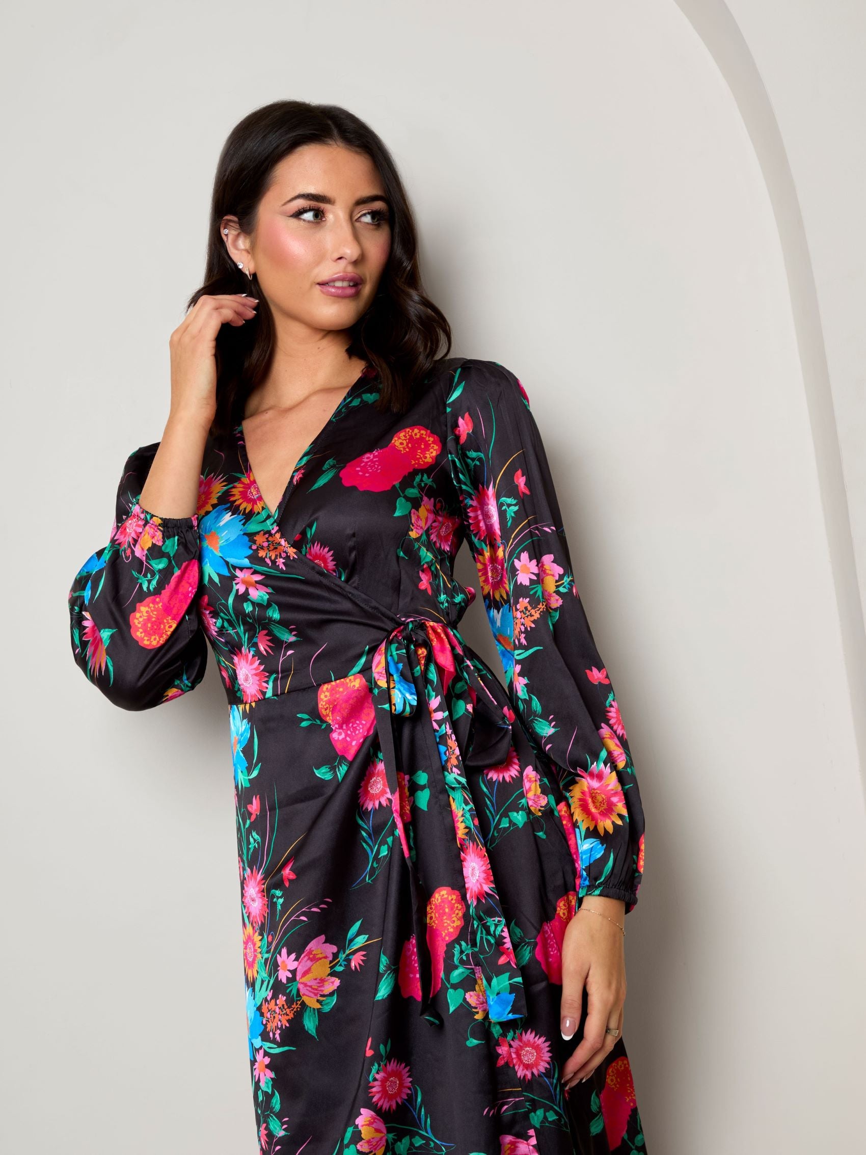 Plus Size Long Sleeve Floral Wrap Dress in Black