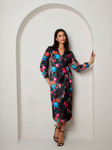 Long Sleeve Floral Wrap Dress in Black