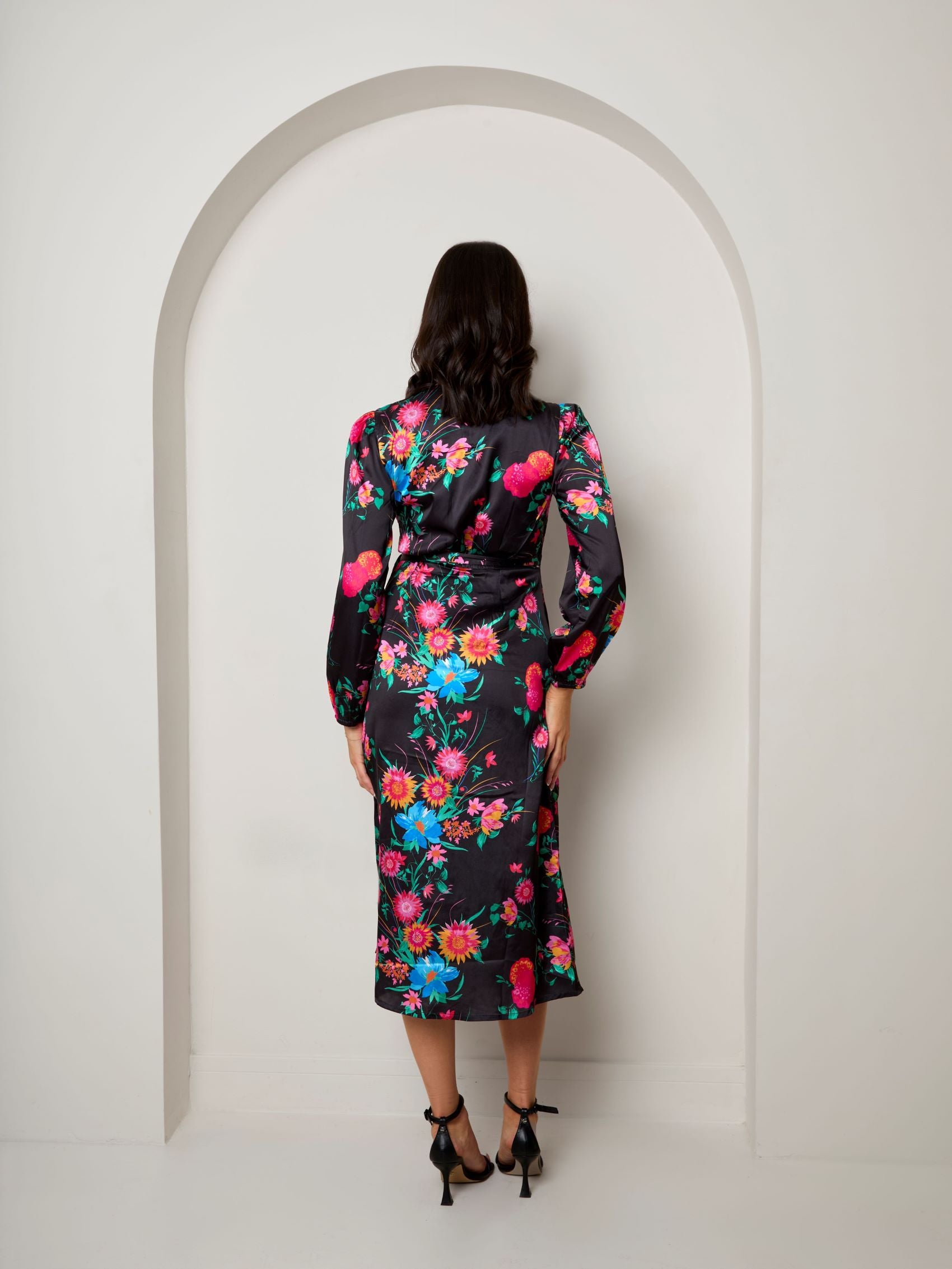 Long Sleeve Floral Wrap Dress in Black