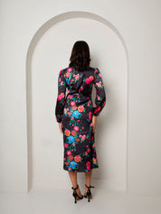 Long Sleeve Floral Wrap Dress in Black
