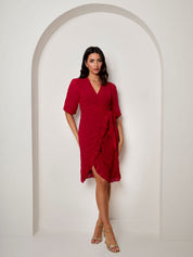 Puff Sleeve Dobby Ruffle Wrap Mini Dress in Red