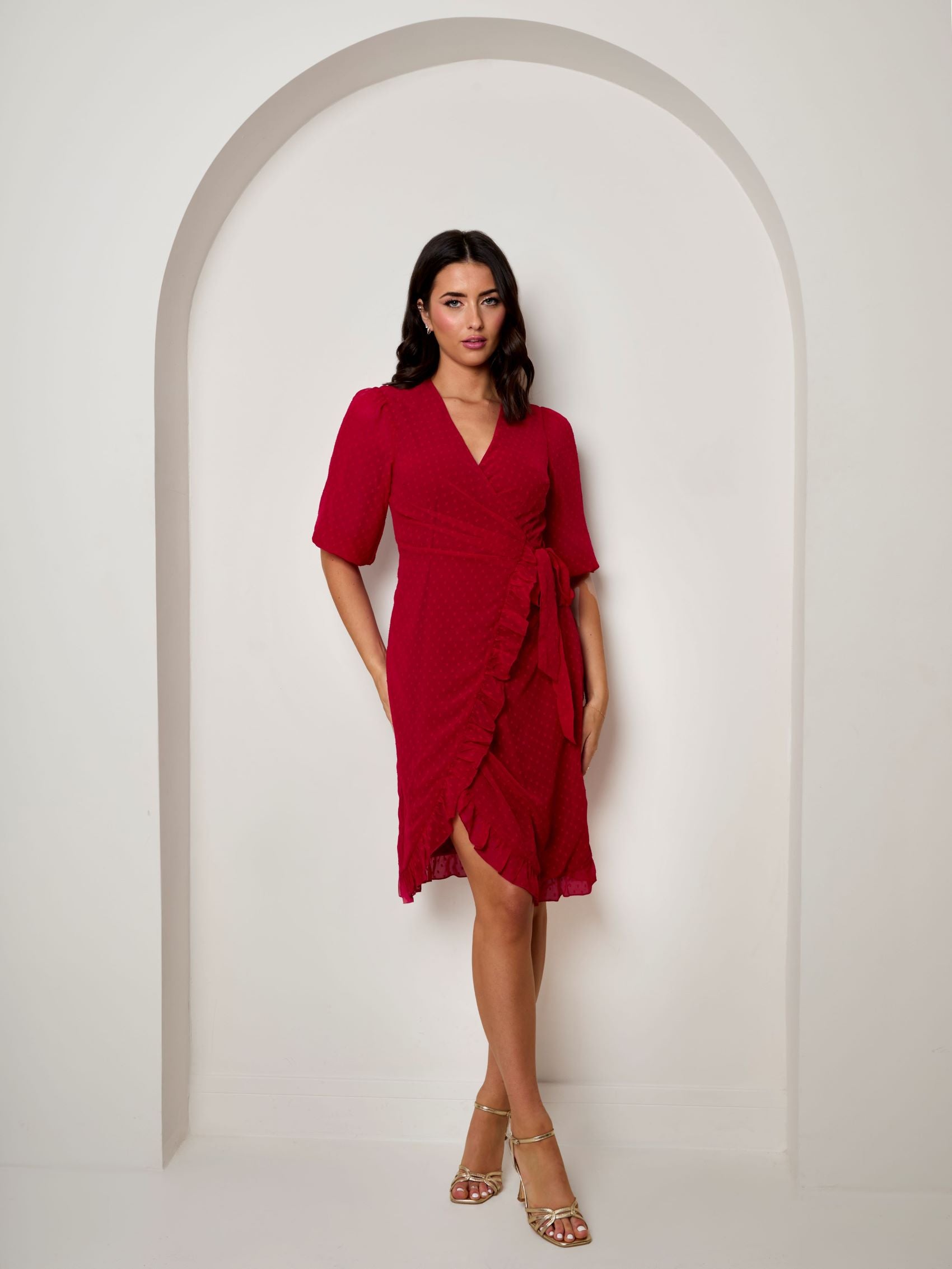 Puff Sleeve Dobby Ruffle Wrap Mini Dress in Red