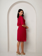 Puff Sleeve Dobby Ruffle Wrap Mini Dress in Red