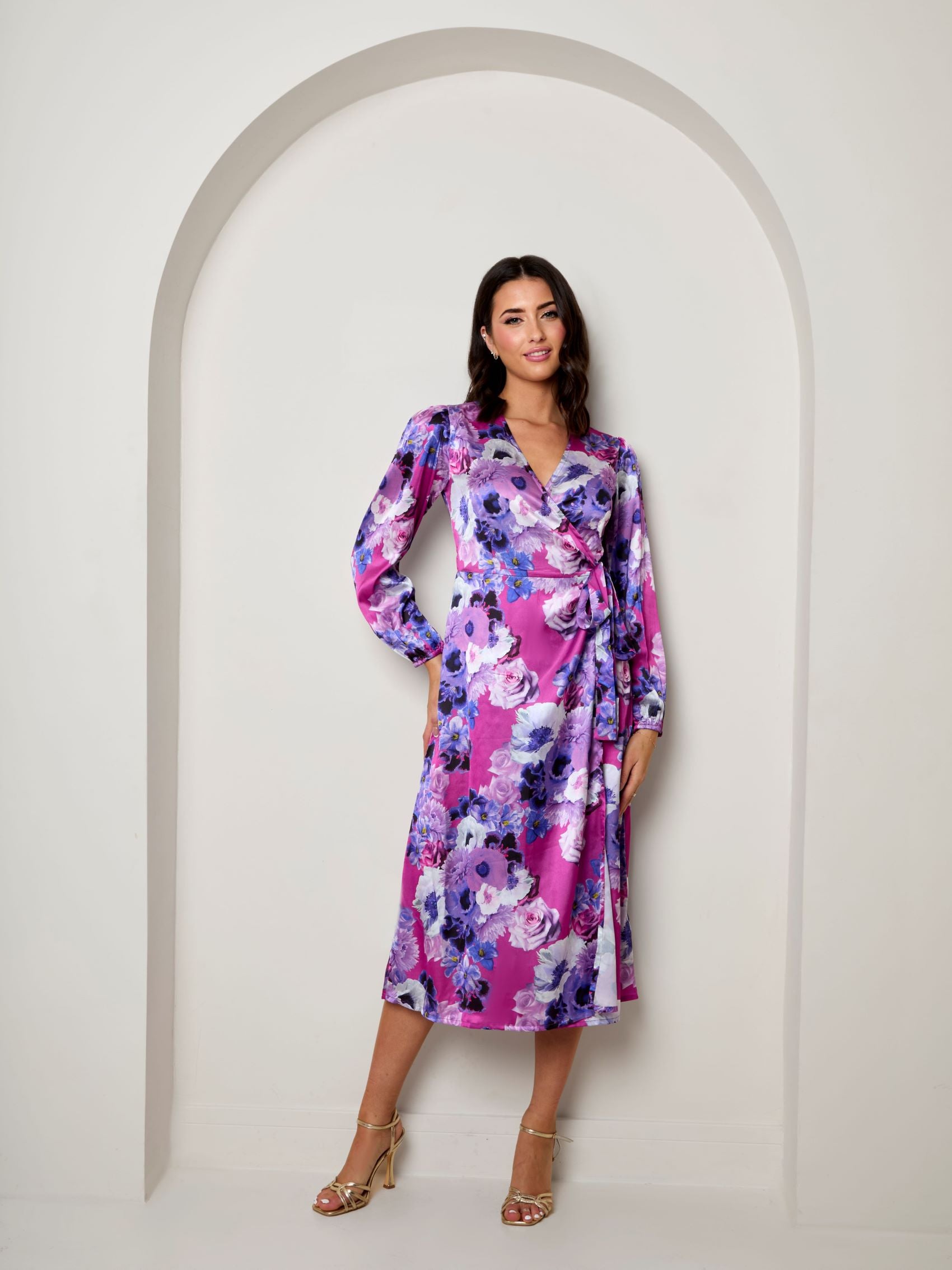 Plus Size Long Sleeve Floral Wrap Dress in Purple