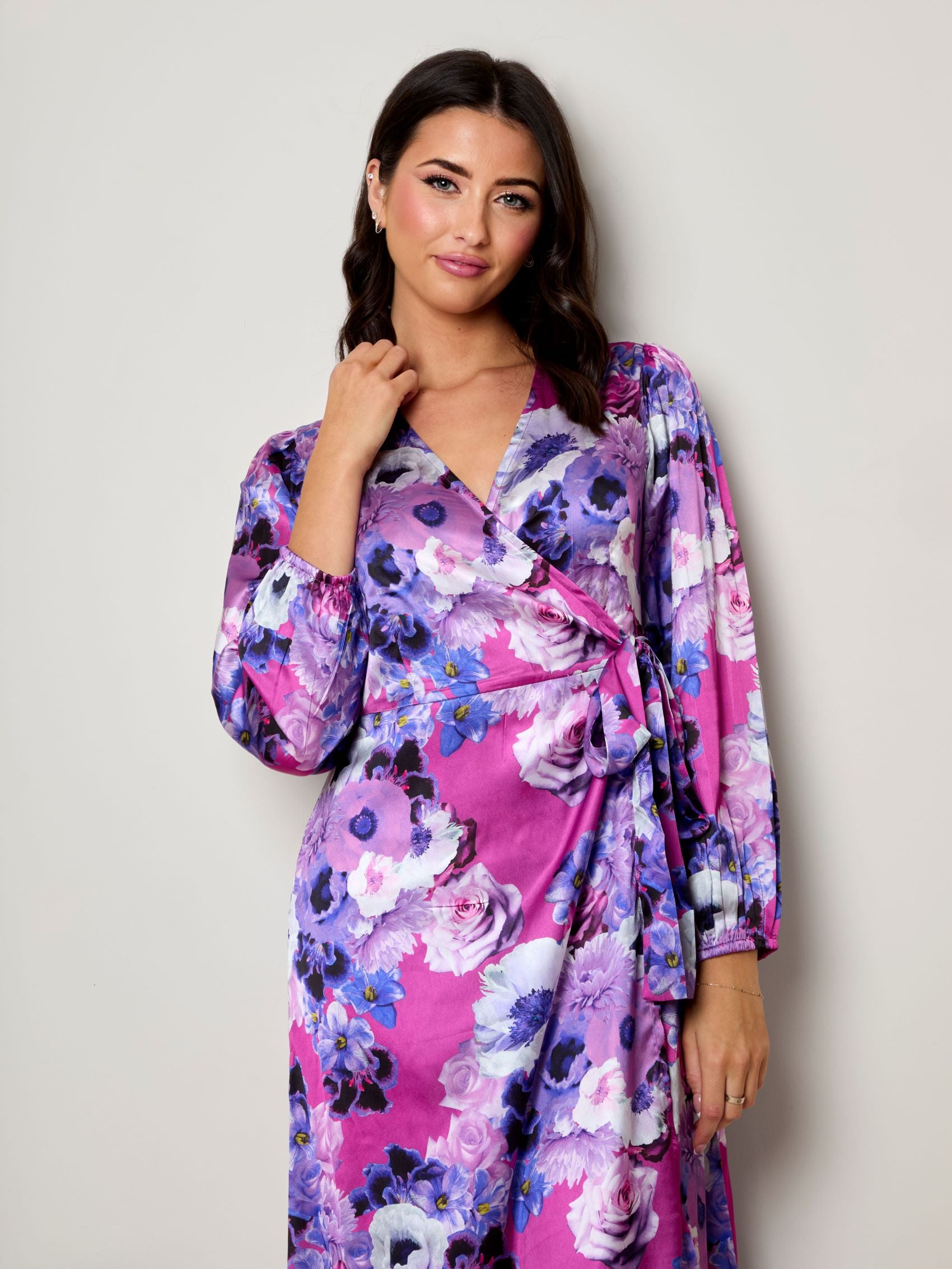 Plus Size Long Sleeve Floral Wrap Dress in Purple