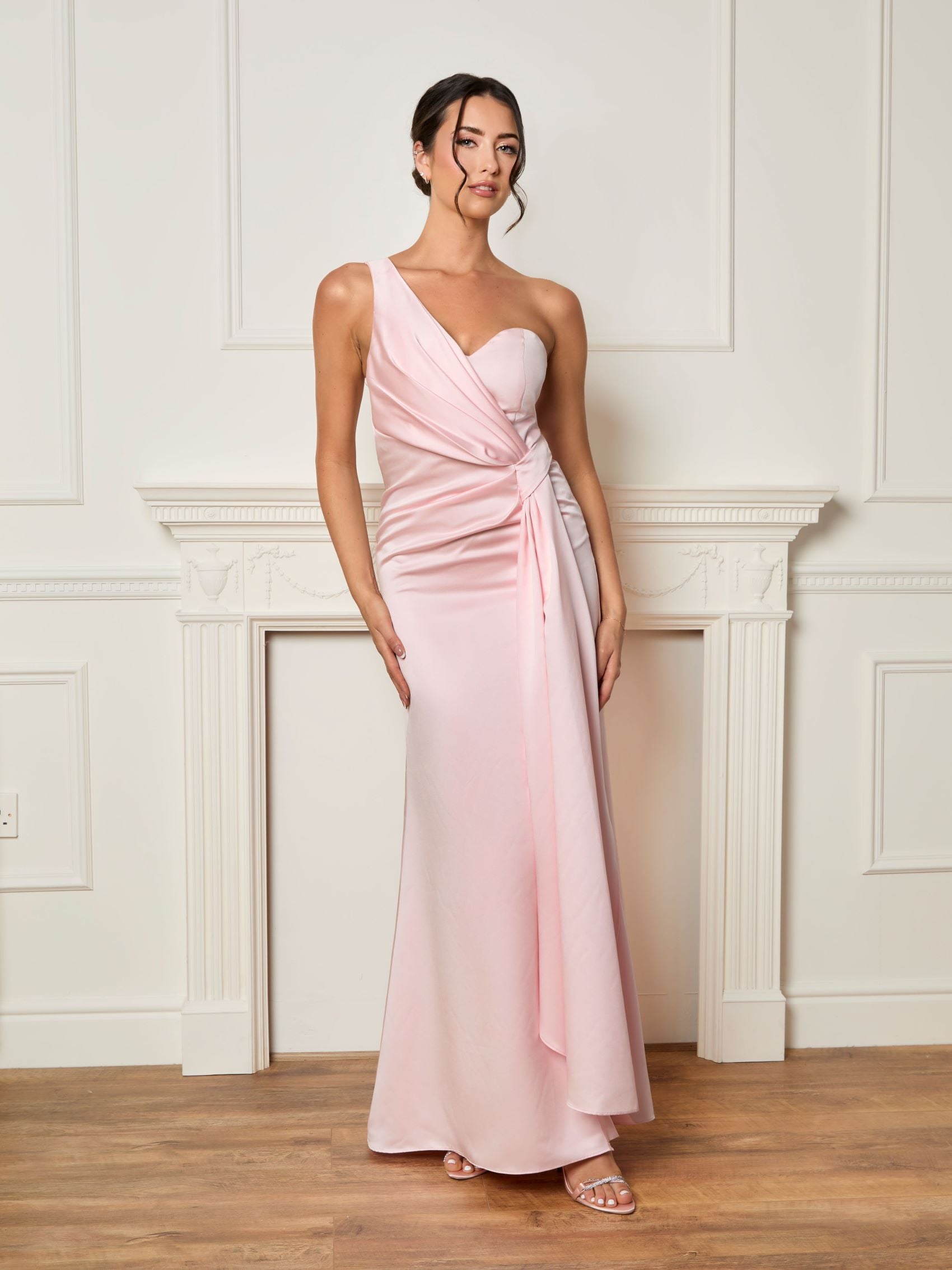 One Shoulder Satin Finish Maxi Dress in Blush Pink