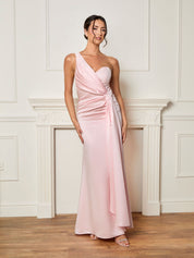 One Shoulder Satin Finish Maxi Dress in Blush Pink