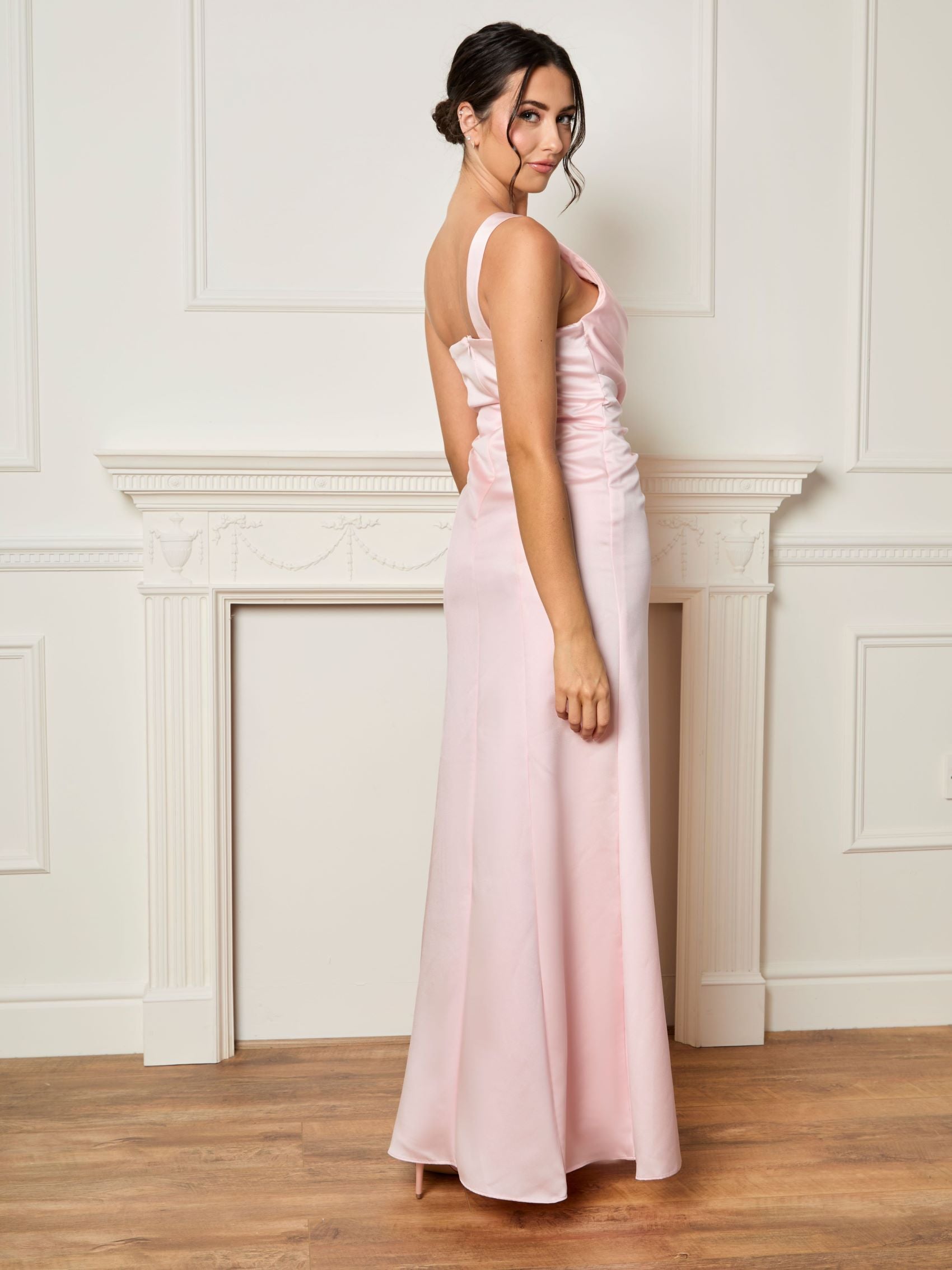One Shoulder Satin Finish Maxi Dress in Blush Pink