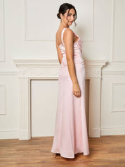 One Shoulder Satin Finish Maxi Dress in Blush Pink